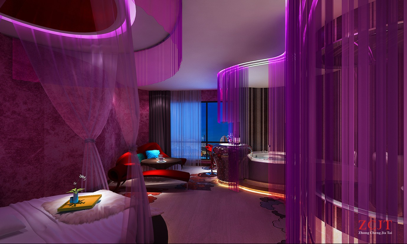酒店室內(nèi)空間裝修、圓形浴缸、大型圓床